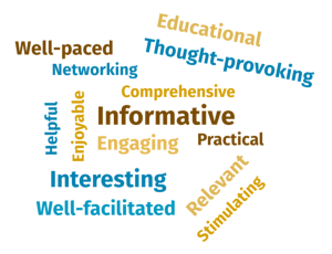 A word cloud containing the following words taken from 2025 feedback: Informative, Interesting, Engaging, Thought-provoking, Relevant, Well-facilitated, Educational, Comprehensive, Well-paced, Networking, Enjoyable, Practical, Stimulating, Helpful.